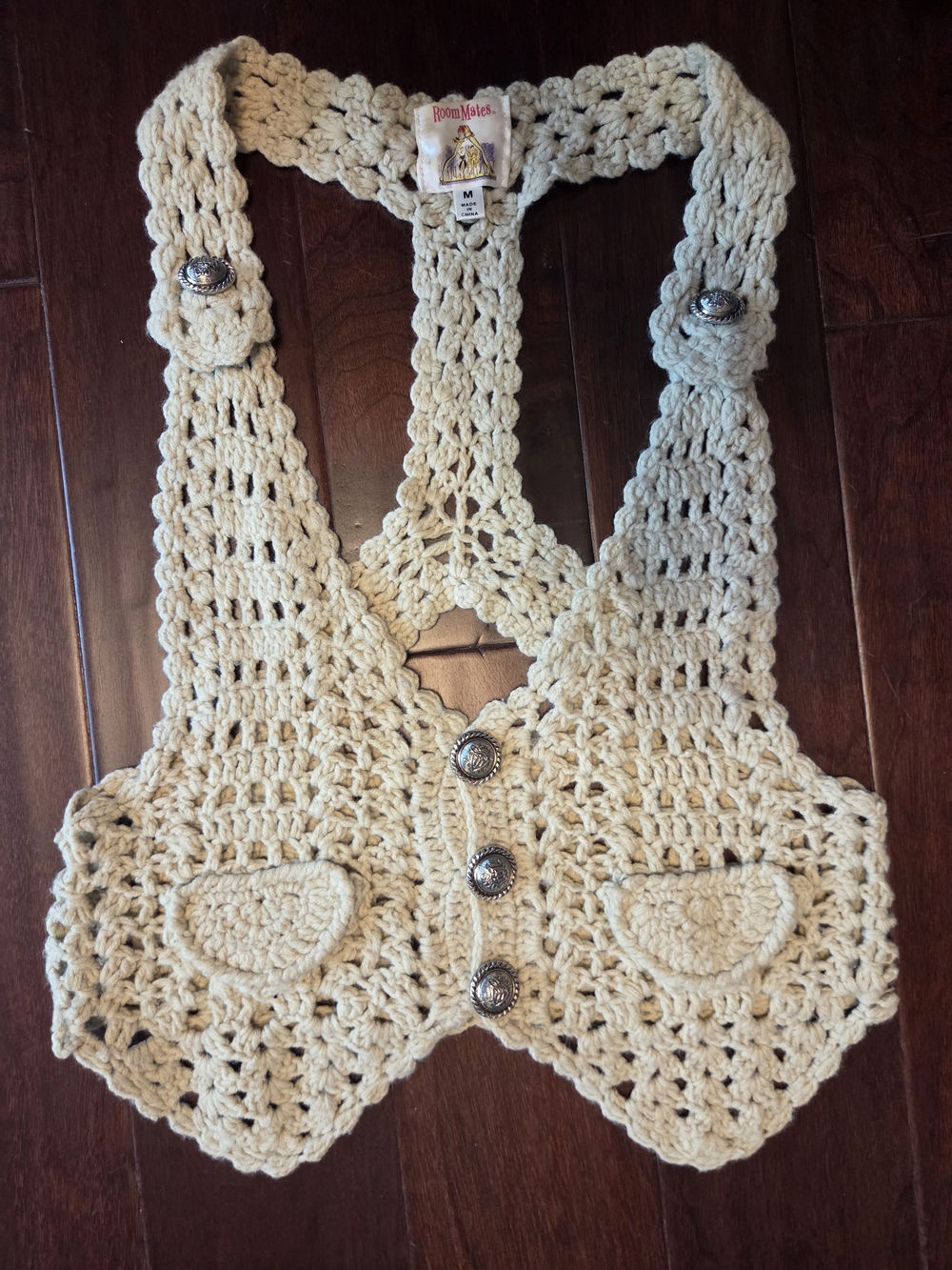 Y2K Crochet Halter Button Front Vest Woman M Cream Coachella Western Boho Hippie